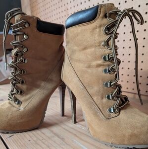 Tan Lace-Up High Heel Boots